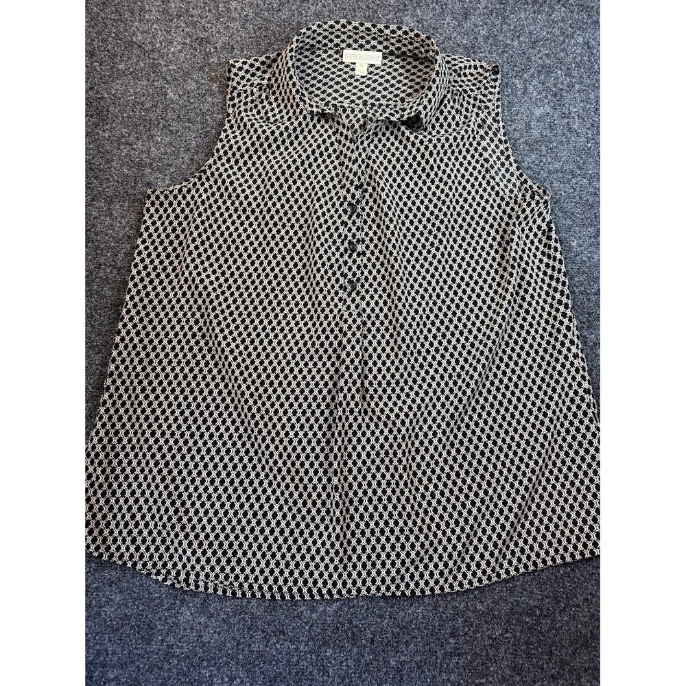 Dana Buchman Womens XL Sleeveless Button Up Blouse Black Ivory Geometric Pattern